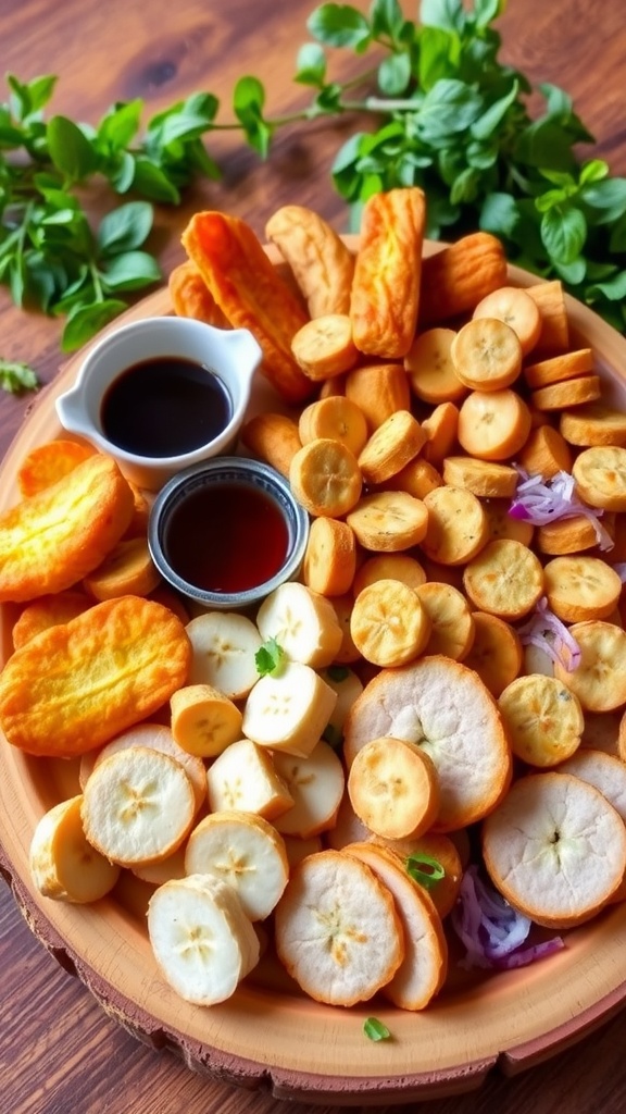 An Indonesian snack platter with fried bananas, tofu, tempeh, and dipping sauces on a wooden board.